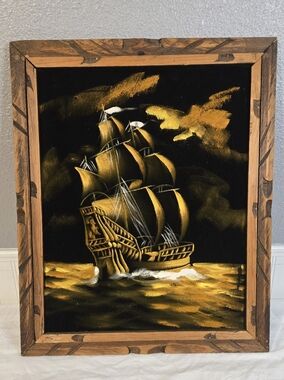 Vintage Velvet Ship Oil Painting - Framed